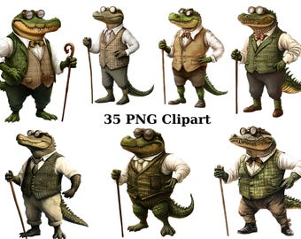 35 Gentleman Crocodiles Watercolor Clipart, Animals Clipart, PNG individual images on transparent background, sublimation
