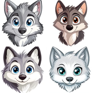 Può includere: Quattro facce di lupi dei cartoni animati con diverse combinazioni di colori. I lupi hanno grandi occhi espressivi e sorridono. Le palette di colori includono grigio, marrone e bianco, con variazioni nel colore degli occhi.