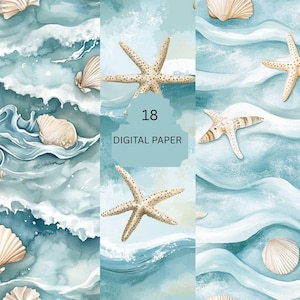 Beach Ocean Digital Paper Pack – 18 Seashell and Starfish Backgrounds for Summer Crafts and Scrapbooking
