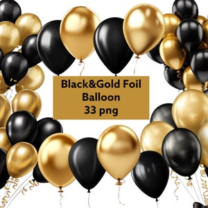 Zwart en goud folie ballonnen, transparante achtergrond, hoge kwaliteit, clipart, 12 x 12, commercieel gebruik