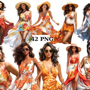 May include: A collection of eight digital illustrations featuring women in various summery outfits. The women are wearing floral dresses, skirts, and tops. The illustrations are in a cartoon style and have a bright and cheerful color palette.