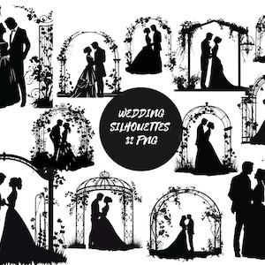 Clipart silhouettes de mariage, fichiers numériques PNG sur fond transparent, scrapbooking, invitations, usage commercial, téléchargement immédiat
