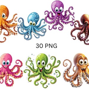 Ensemble de cliparts de poulpe de dessin animé - créatures de l'océan amusantes et colorées - 30 illustrations au format PNG, images individuelles PNG sur fond transparent