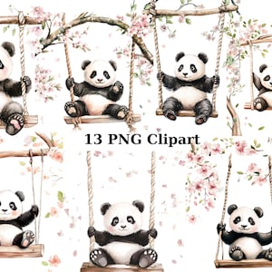 13 bébés pandas dans une balançoire Clipart aquarelle, clipart animaux, images individuelles PNG sur fond transparent, sublimation