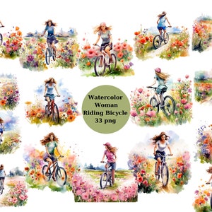 Aquarel vrouw rijden fiets clipart, individuele PNG-afbeeldingen op transparante achtergrond, sublimatie, commercieel gebruik