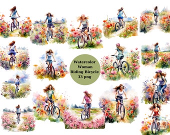 Watercolor Woman Riding Bicycle Clipart, PNG individual images on transparent background, sublimation, commercial use