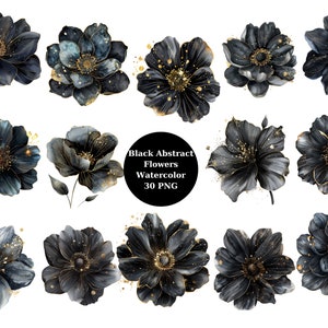 Clipart de flores abstractas negras de acuarela, imágenes individuales PNG sobre fondo transparente, sublimación, uso comercial