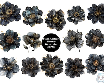 Watercolor Black Abstract Flowers Clipart, PNG individual images on transparent background, sublimation, commercial use