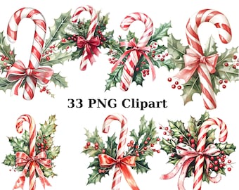 33 Festive Candy Canes Watercolor Clipart, Christmas Clipart, PNG individual images on transparent background, sublimation