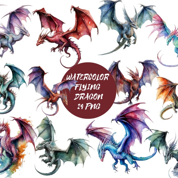 Watercolor flying dragon, dragon, flying dragon, transparent background, high quality, clipart, 12x12, commercial use