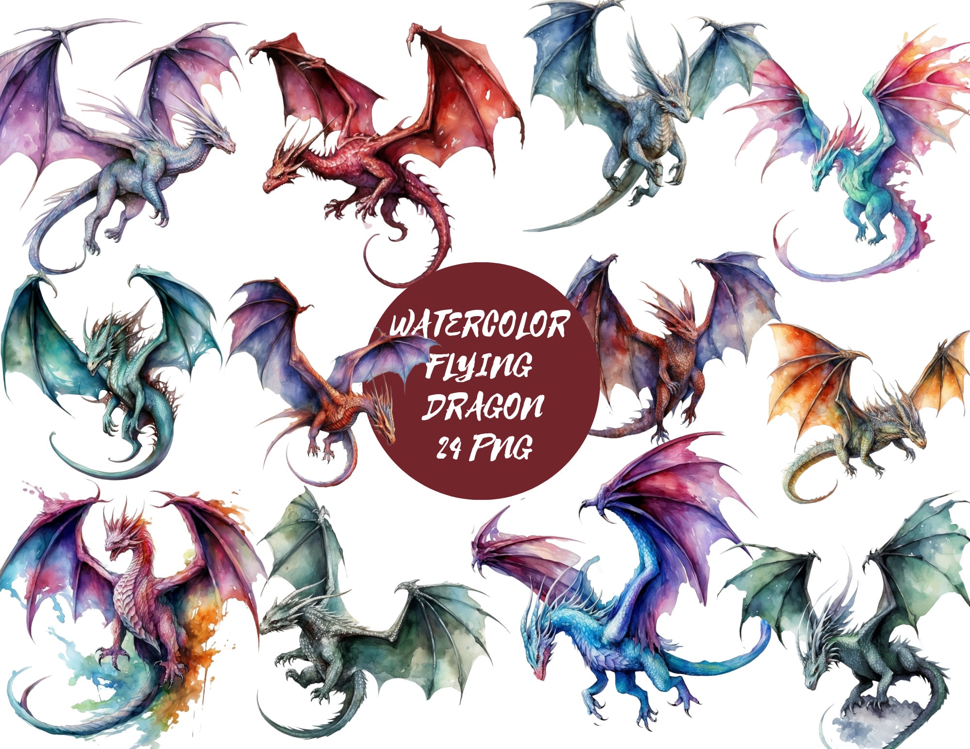水彩画の飛龍、ドラゴン、飛龍、透明な背景、高品質、クリップアート
