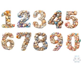 Seashell Numbers Watercolor Clipart, Beach Clipart, PNG individual images on transparent background, sublimation