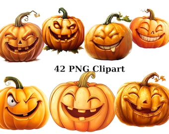 42 Funny Pumpkins Clipart, Whimsical Clipart, PNG individual images on transparent background, sublimation