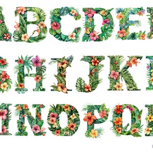 Alfabeto tropicale delle foglie floreali dell'acquerello in download immediato in formato PNG per uso commerciale, alta risoluzione, 12x12, uso commerciale