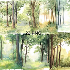 Papel digital de floresta aquarela - 22 PNG fundos de floresta verde, clipart de natureza, arte de árvores para impressão, download instantâneo