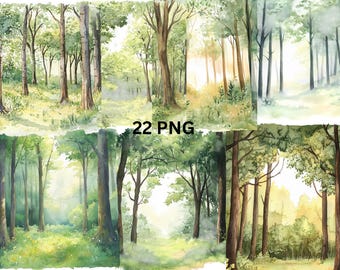 水彩画の森のデジタルペーパー - 22 PNG 緑の森の背景、自然のクリップアート、印刷可能な木のアート、即時ダウンロード