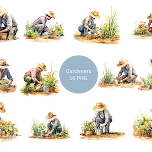 16 cliparts aquarelle jardiniers, clipart jardinage, images individuelles PNG sur fond transparent, sublimation