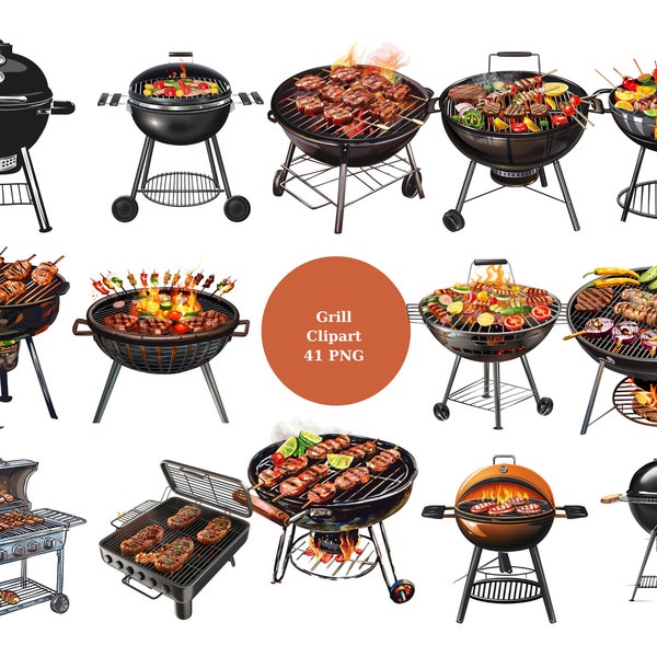 41 Grill Clipart, Barbecue Clipart, PNG digital files on transparent background, sublimation, commercial use