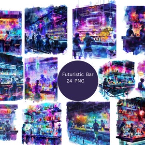 24 barres futuristes aquarelle Clipart, clipart science-fiction, images individuelles PNG sur fond transparent, sublimation