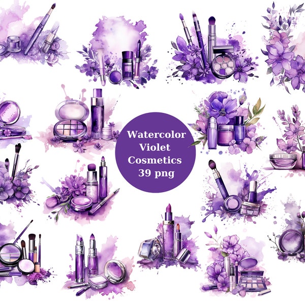 Watercolor Violet Cosmetics Clip Art - digital makeup and beauty graphics in png format instant download for commercial use