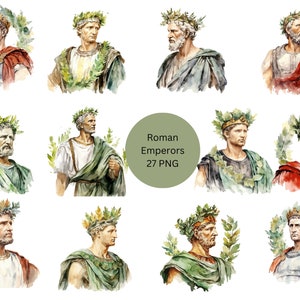 27 Romeinse keizers aquarel clipart, Rome clipart, individuele png-afbeeldingen op transparante achtergrond, sublimatie