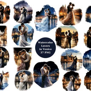 Aquarelliefhebbers in Venetië Clipart, individuele PNG-afbeeldingen op transparante achtergrond, sublimatie, commercieel gebruik