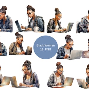 18 femmes noires sur des ordinateurs portables aquarelle Clipart, femmes de couleur, images individuelles PNG sur fond transparent, sublimation