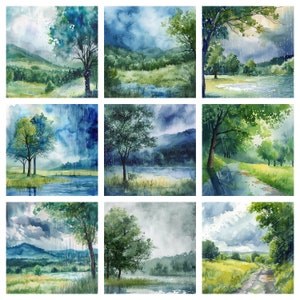 May include: A watercolor painting of nine different scenes of a forest with rain. Each scene features a different perspective of the forest, with trees, a river, and a cloudy sky.
