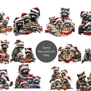 24 cliparts Santa ratons laveurs, clipart Noël, images individuelles PNG sur fond transparent, sublimation