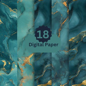 May include: 18 digital papers with a teal and gold marble pattern. The papers are perfect for scrapbooking, card making, and other craft projects.