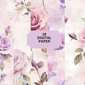 Purple and Pink Rose Digital Paper – 18 Floral Backgrounds for Wedding Invitations, Cards & Journals