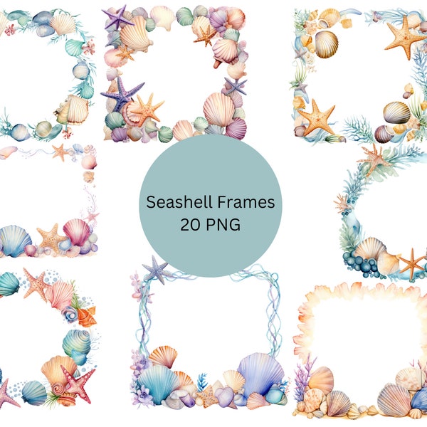 Watercolor Seashell Frames Clipart, Logo Clipart, PNG digital files on transparent background, sublimation, commercial use