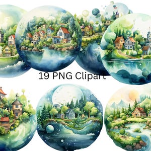 19 hermosos paisajes en acuarela, imágenes PNG individuales sobre fondo transparente, sublimación, uso comercial