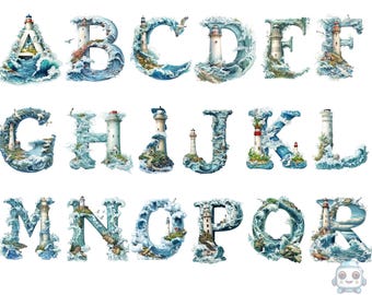 Könnte beinhalten: Ein Alphabet, das mit Leuchttürmen und brechenden Wellen illustriert ist. Jeder Buchstabe wird von den Wellen gebildet und zeigt einen Leuchtturm in der Mitte.