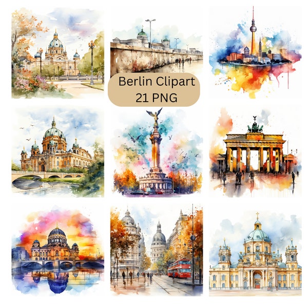Watercolor Berlin Clipart, PNG digital files on transparent background, scrapbook, invitations, commercial use, instant download