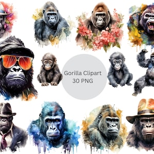 Watercolor Gorilla Clipart, PNG digital files on transparent background, scrapbook, invitations, commercial use, instant download