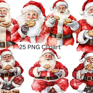 25 Santa Claus eating cookies Watercolor Clipart, PNG individual images on transparent background, sublimation, commercial use