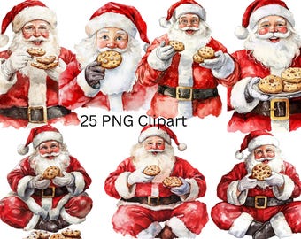 May include: A digital clipart set of 7 watercolor illustrations of Santa Claus holding cookies. Santa is wearing a red suit with white trim and a white beard. The cookies are various shapes and sizes.