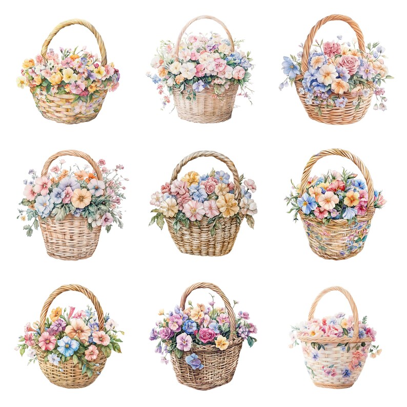 Floral Basket Clipart, 40 PNG Images, Watercolor Flower Bouquets PNG