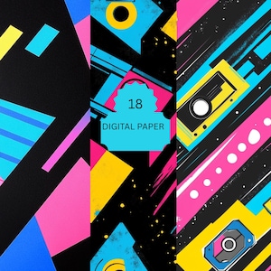 Retro 80s Neon Digital Paper Pack - Cassette Tape and Geometric Synthwave Backgrounds for Party Crafts and Journals