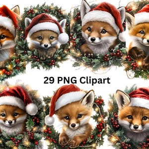 29 Pères Noël renards dans des couronnes Clipart aquarelle, clipart Noël, images individuelles PNG sur fond transparent, sublimation