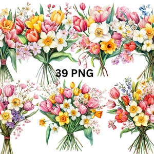 39 Clipart acquerello di bouquet primaverili, file digitali PNG su sfondo trasparente, sublimazione, uso commerciale