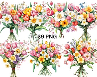 39 Clipart acquerello di bouquet primaverili, file digitali PNG su sfondo trasparente, sublimazione, uso commerciale