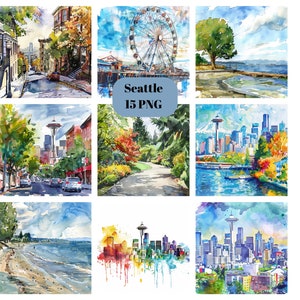 Aquarelle Seattle Clipart, clipart Amérique, images individuelles PNG sur fond transparent, sublimation, usage commercial