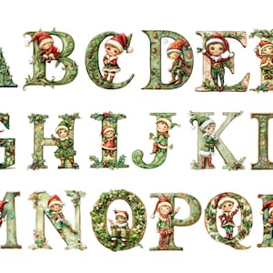 Clipart de acuarela del alfabeto de elfo navideño, clipart de Navidad, imágenes PNG individuales sobre fondo transparente, sublimación