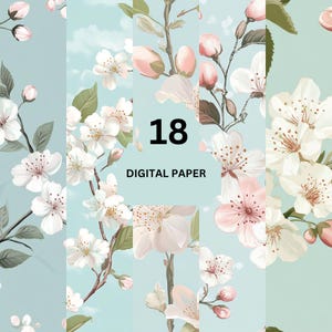 Papier numérique fleurs de cerisier - 18 fonds floraux printaniers avec fleurs de sakura et bleu pastel doux pour travaux manuels et cartes