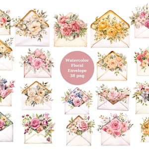 Sobre floral de acuarela, imágenes prediseñadas de sobre vintage, archivos digitales PNG sobre fondo transparente, sublimación, uso comercial