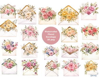 Peut inclure: Un ensemble de 38 illustrations d'enveloppes florales à l'aquarelle. Les enveloppes sont décorées de divers arrangements floraux, notamment des roses, des lys et d'autres fleurs dans des tons de rose, jaune et blanc.