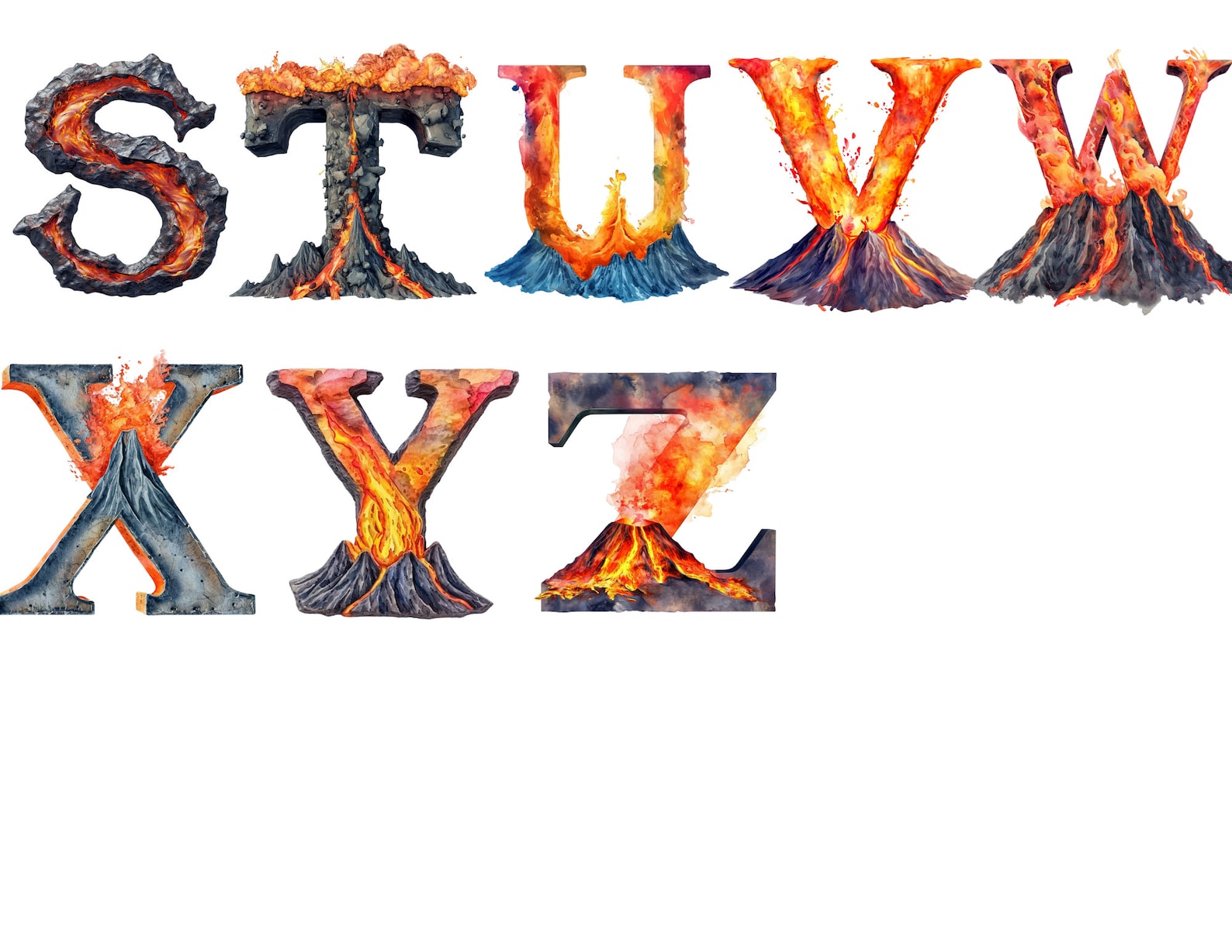 Watercolor Volcano Alphabet Clipart, PNG Individual Images on ...