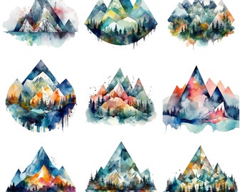 Watercolor Geometric Mountains Clipart, beautiful PNG images, transparent background, high quality, 12x12, commercial use